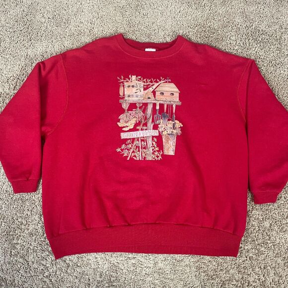 Crewneck Sweatshirt Womens Plus Size 18W 20W Red Graphic Grandma Cottage Garden - Picture 2 of 13